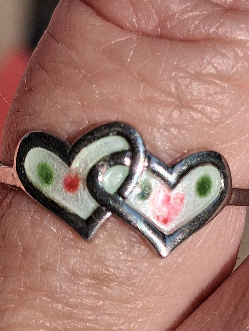Vintage Mid-Century Sterling Silver Guilloche Enamel Double Heart Ring Size 5